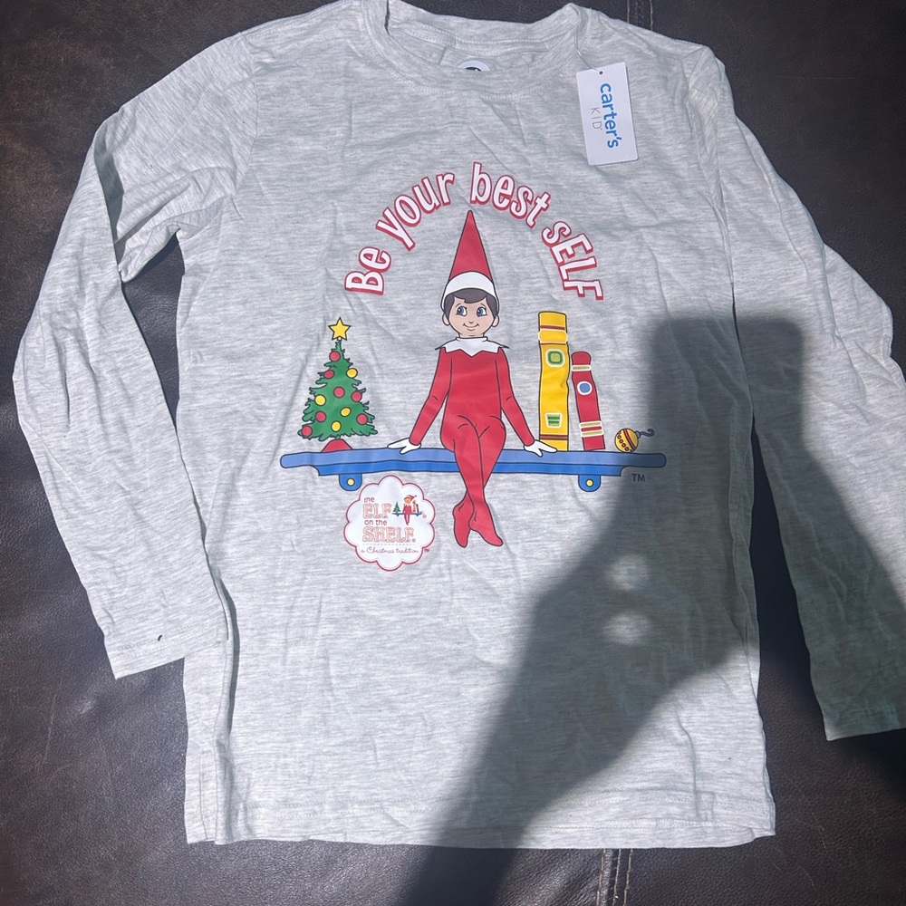 Carter's Light Gray Elf on the shelf Graphic Long Sleeve Tee youth size 14